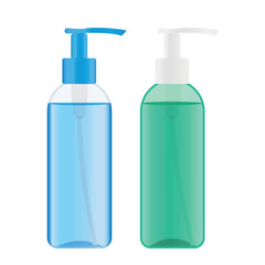 Plastic pump bottles with green and blue liquid inside. Dispenser bottles with cosmetic product like cleansing gel. Vector illustration