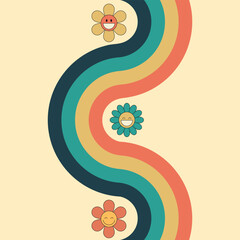Groovy background with rainbow and daisy flowers. 70 s Hippie retro style. Vector illustration
