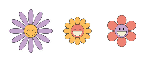 Smiling groovy daisy flower characters set. Hippie retro style. Flower icons. Vector illustration