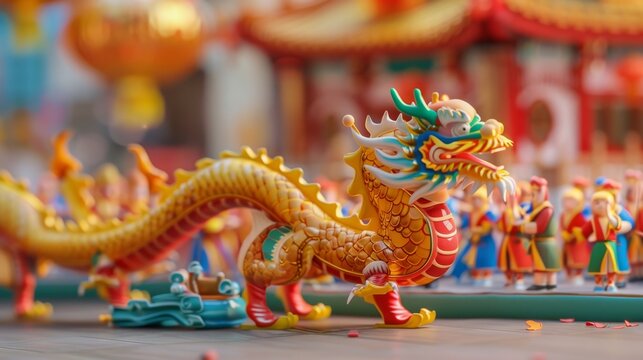 The dragon dance performance by miniature young men on temple market plaza was a Chinese folk religion activity. Translation: The CNY temple fair is now open, come join us