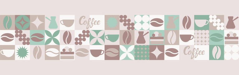 Coffee seamless background for textile and wallpaper with geometric shapes and coffee beans. Fashionable splash template with a cup in brown and green tones. - 783046445