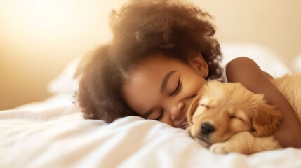A little girl tenderly hugs her puppen and lies on the bed in the morning in a bright bedroom. Friendship concept between child and pet, copy space for text
 - obrazy, fototapety, plakaty