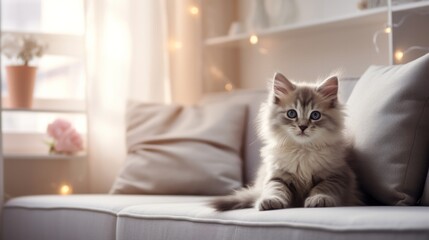 Cute kitty lies on a comfortable sofa in a modern bright living room
