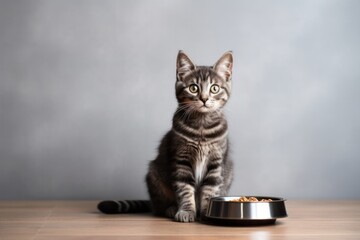 Close-up of a cat eating food on a gray background, pet care concept, animal behavior with copy space