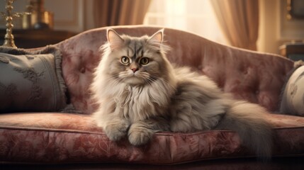 Cute cat lies on a comfortable sofa in a classic living room.
