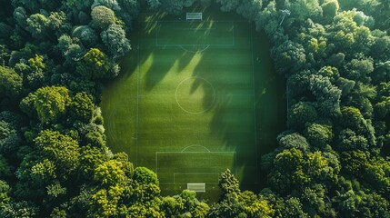 Aerial perspective of a lush green grass football field, cropped to show only the upper portion. - obrazy, fototapety, plakaty