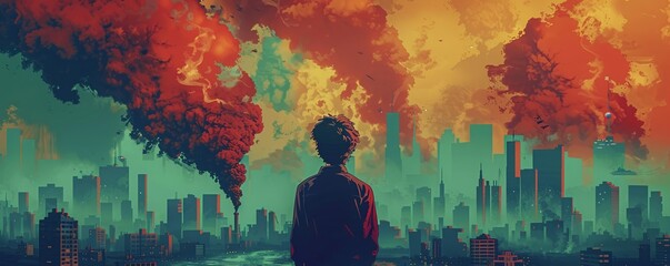 Produce a dynamic social media graphic portraying a figure looking out towards a polluted cityscape, while holding a banner promoting the impact of environmental education