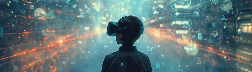 Visualize the complexity of ethical decision-making within virtual realities through a dynamic composition that showcases conflicting choices in a futuristic setting