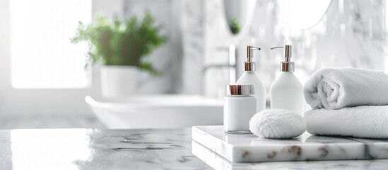 Various supplies toiletries in the modern white bathroom