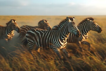 Naklejka premium Synchronous Stripes: Zebras in Harmony. Concept Animal Behavior, Wildlife Photography, Stripes Pattern, Group Coordination, Dream Safari