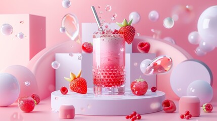 A 3D illustration of a gradient tumbler bottle filled with strawberry shake displayed on a podium, surrounded by berries and ice cubes.