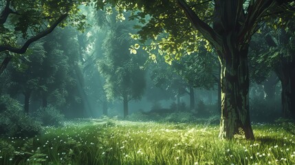 Fototapeta na wymiar Serene 3D glow enveloping a tranquil forest scene
