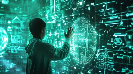 Programmer battling cyber threats, holographic code shield