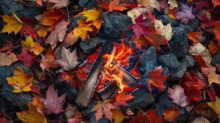 Autumnal Embrace: Cozy Campfire Amidst Vibrant Fall Leaves, A Warm Haven