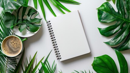 simplicity of a top-down view flat lay photograph, where a blank white spiral notebook is surrounded by coffee cups and fresh green leaves on a table, all set against a clean white background - obrazy, fototapety, plakaty