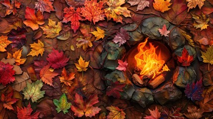 Fireside Serenity: Campfire Glow Amidst Vibrant Autumnal Foliage, A Cozy Retreat