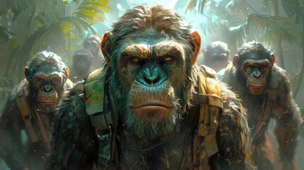 Dominant Ape Leading Troop Through Dense Jungle, Cinematic Lighting Enhancing Its Authority.