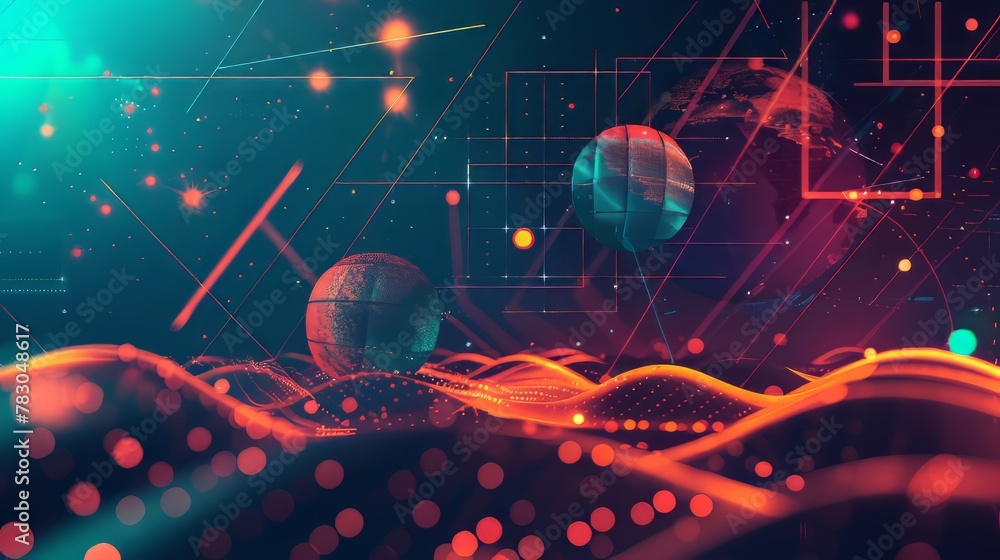 Aufkleber tech inspired geometric grid layout with digital overlays and futuristic elements
