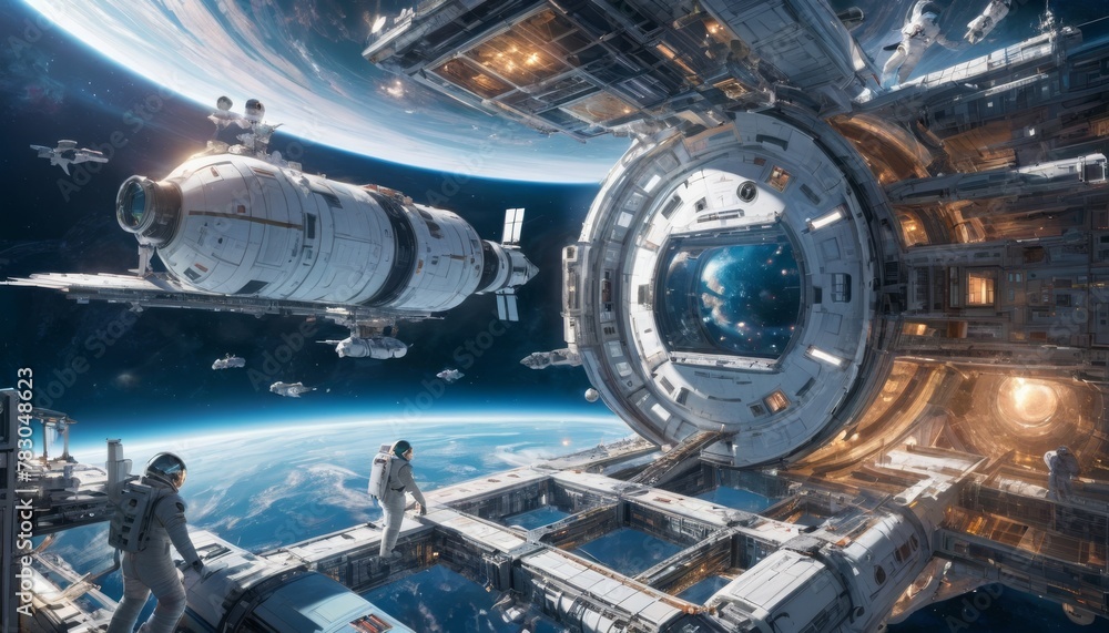 Poster a high-tech space station orbits earth, featuring astronauts and spacecraft in a dynamic scene of sp