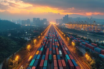 A scenic shot of cargo containers being loaded onto trains or trucks at a busy transportation hub, capturing the seamless flow of goods in transit from one destination to another - obrazy, fototapety, plakaty
