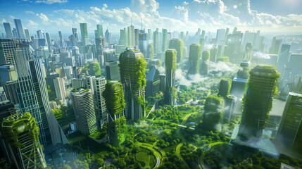 The city landscape is full of greenery and buildings. The city is a combination of urban and natural elements. It creates a unique and interesting atmosphere.
