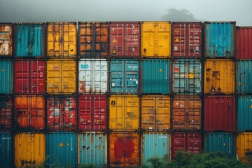 A stack of cargo containers towering against an industrial backdrop, with signs of wear and tear suggesting their years of service as reliable storage units for various goods  - obrazy, fototapety, plakaty
