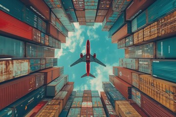 airplane flying over cargo container - obrazy, fototapety, plakaty