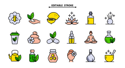 Ayurveda icons set. Editable stroke size. Color flat pictogram vector illustration, aroma therapy, ayurvedic collection with symbols of healthy alternative medicine. Simple pictogram vector illustrati