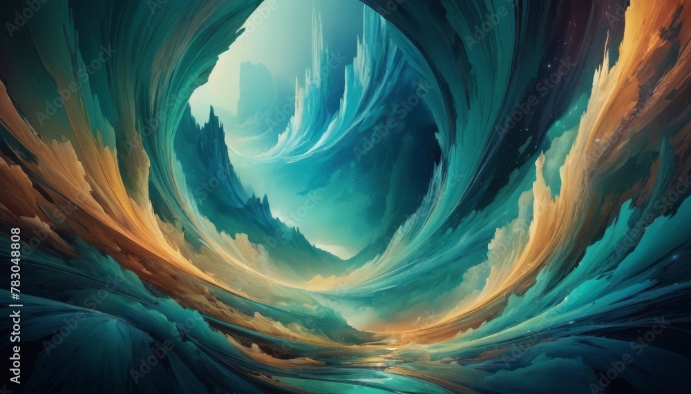 Poster an artistic depiction of a swirling landscape, with a serene color palette blending into a dreamy vo