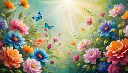 A serene and radiant digital painting depicting a lush garden with an array of vibrant flowers and fluttering butterflies under sun rays.. AI Generation