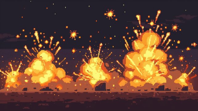 Pixel art stage of yellow fireworks explosion