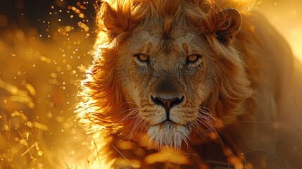 Naklejka premium Male Lion Charging Forward in Defense of His Territory