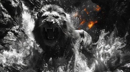Majestic Black-Maned Male Lion Displaying Fearless Courage in the Wilderness - obrazy, fototapety, plakaty