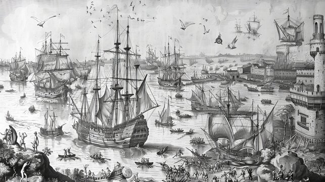 Vintage engraving of a bustling harbor filled with ships from distant lands