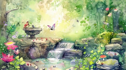 Watercolor illustration of a whimsical fairy garden