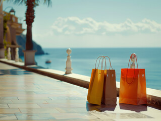 Closeup of two shopping bags in a serene seaside shopping area.