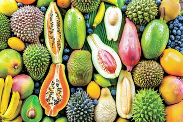 A variety of fruits stacked together, full of vitality, including durian, mangosteen, blueberries, guava, and other succulent fruits - obrazy, fototapety, plakaty