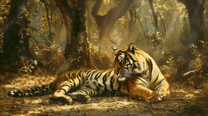 Naklejka na ściany i meble Beneath the dappled sunlight filtering through the trees, the tiger basks in the serenity of its natural habitat, a silent sentinel of the wilderness.