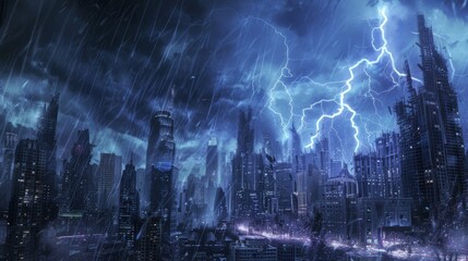 Dystopian cityscape under a perpetual storm