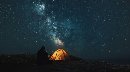 Beneath the starlit sky, my faithful companion and I camp under the vast expanse of the universe,...
