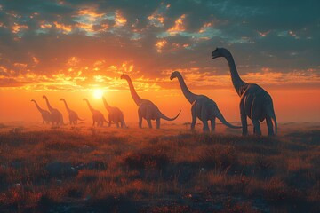 Fototapeta premium Sunset March of the Brachiosaurus Herd. Concept Dinosaur Photography, Prehistoric Landscapes, Herd Movement, Sunset Glow, Mesozoic Era