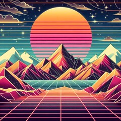 Futuristic retro landscape of the 80`s illustration of sun with mountains in retro style
