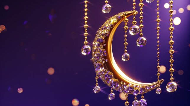 A 3D illustration of gold crescent moons, pearl balls, and hanging crystals. Perfect for Islamic religions, magic, or nighttime moods.