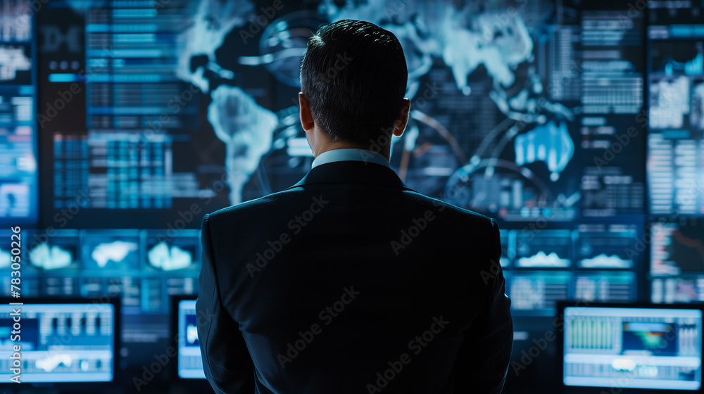 Poster a man in a suit is looking at a computer screen with a world map on it.