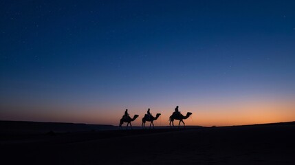 Fototapeta na wymiar Beneath the vast expanse of the evening sky, camels and their riders trek across the desert, their silhouettes etched against the fading light.