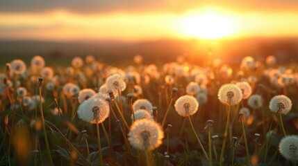 Spring field of dandelions against the backdrop of sunset. space for text
