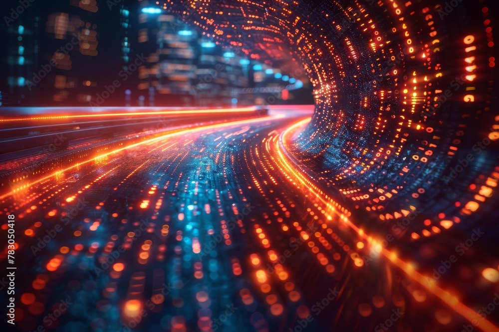 Poster this powerful image features a tunnel-like vision of streaming light data, symbolic of speed and dat