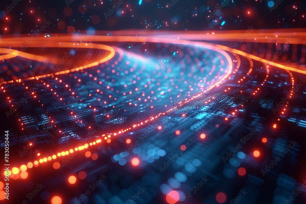 Poster dynamic image of a curved flow of red and blue digital data, depicting themes of digital communicati