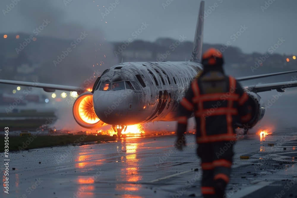 Poster a harrowing scene of an airplane crash with emergency services in action, evoking urgency and disast