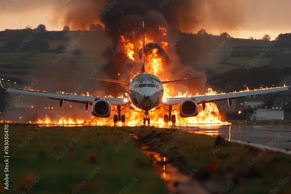 Poster this intense image captures the terrifying moment of an airplane crash on a runway with fire and eme